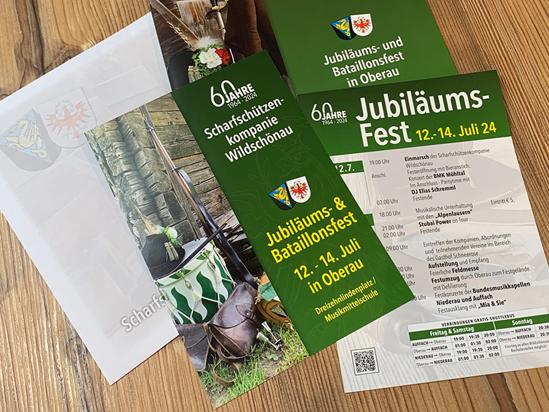 Drucksorten für Jubiläums- und Bataillonsfest der Scharfschützenkompanie Wildschönau