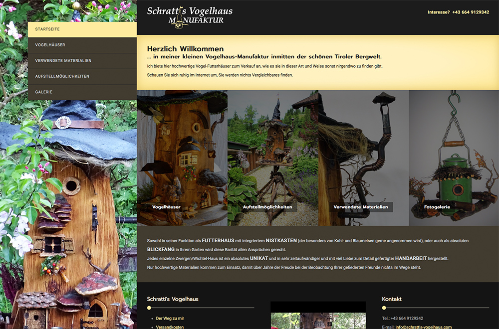 Startseite der Website von Schratti's Vogelhaus Manufaktur