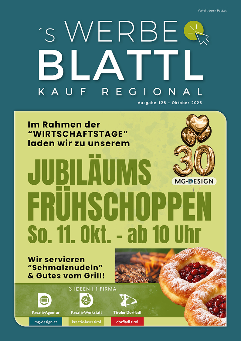 Werbeblattl Oktober 2026, Ausgabe 128 – Titelseite "Jubiläumsfrühschoppen bei den Wirtschaftstagen am Sonntag 11. Oktober"