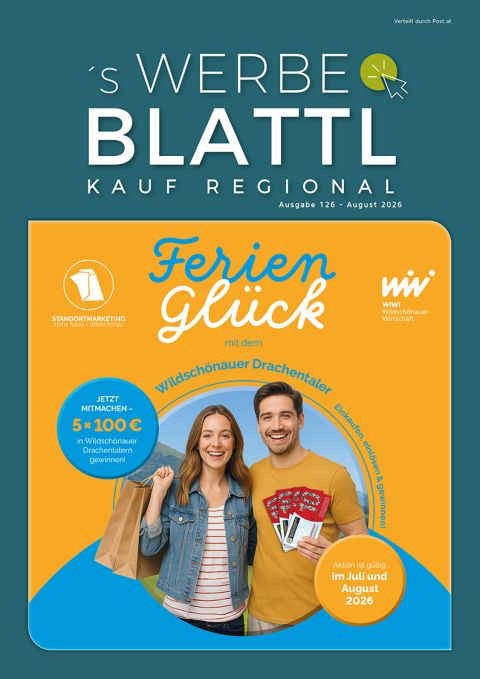 Werbeblattl August 2026, Ausgabe 126 – Titelseite "Ferienglück mit dem Wildschönauer Drachentaler"
