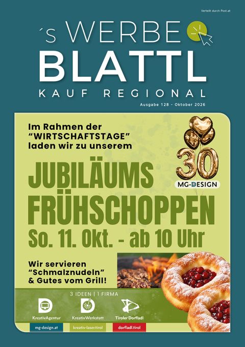 Werbeblattl Oktober 2026, Ausgabe 128 – Titelseite "Jubiläumsfrühschoppen bei den Wirtschaftstagen am Sonntag 11. Oktober"