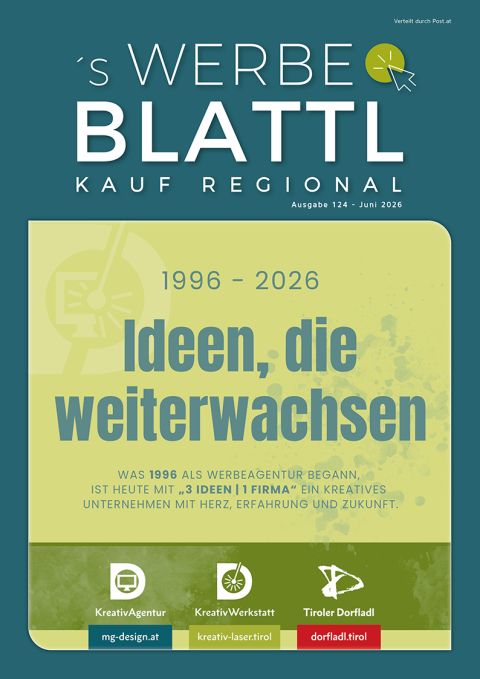 Werbeblattl Juni 2026, Ausgabe 124 – Titelseite zum 30-jährigen Jubiläum von MG-Design mit dem Motto "Ideen, die weiterwachsen"